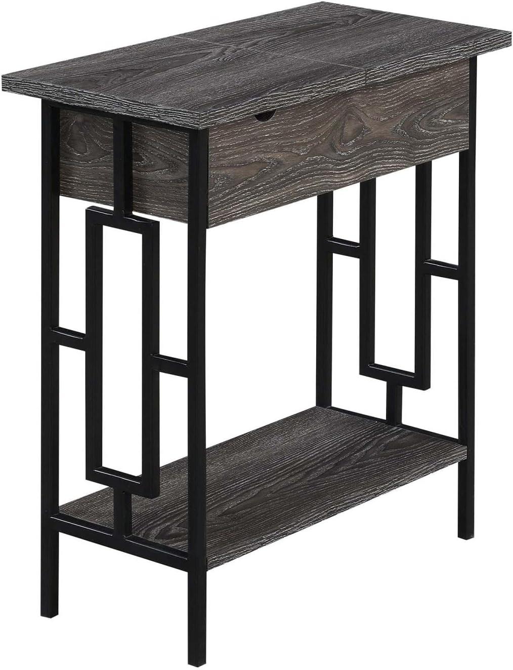 Weathered Gray and Black Wood-Metal End Table with Charging Station