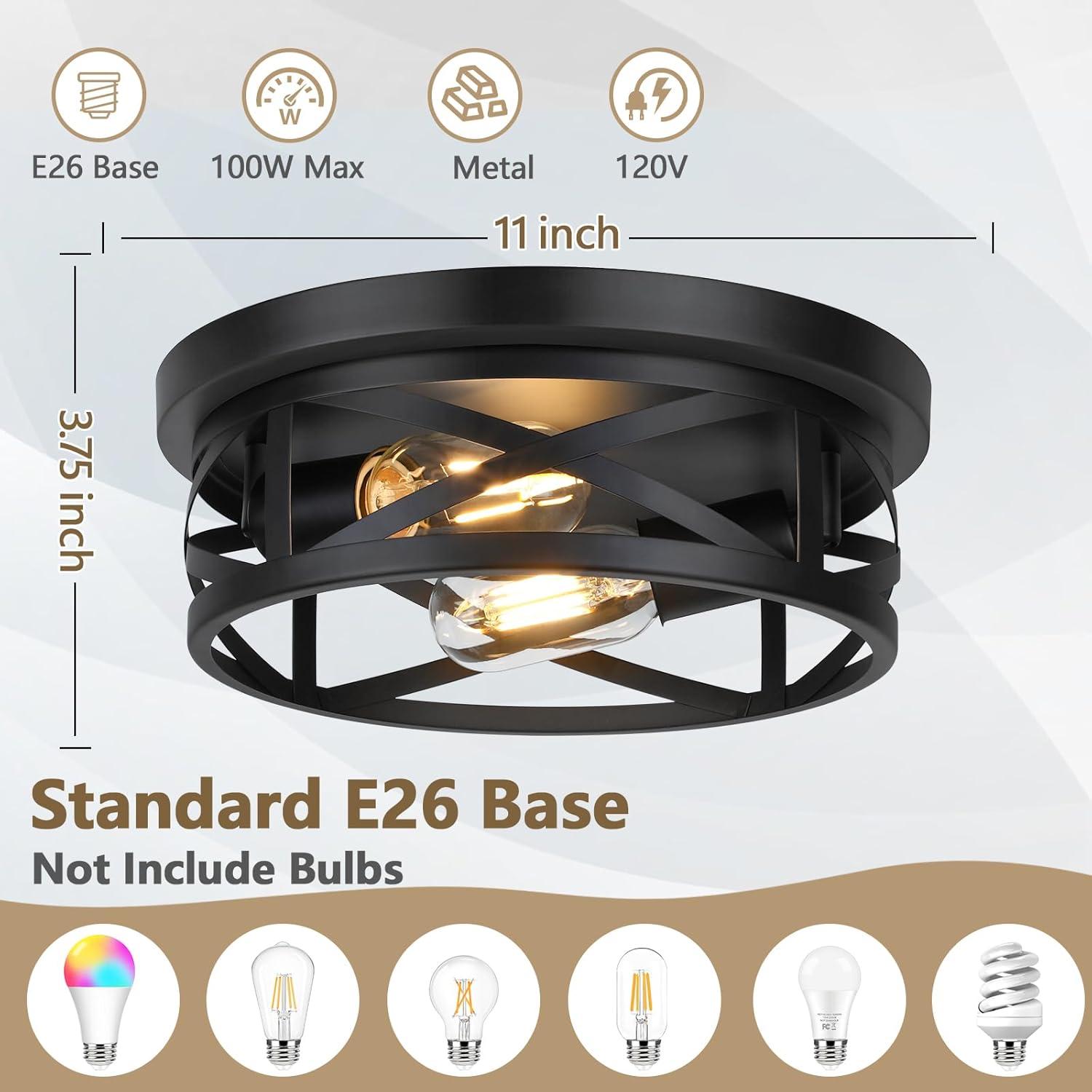 Black Metal Cage Drum Flush Mount Ceiling Light, 2-Pack