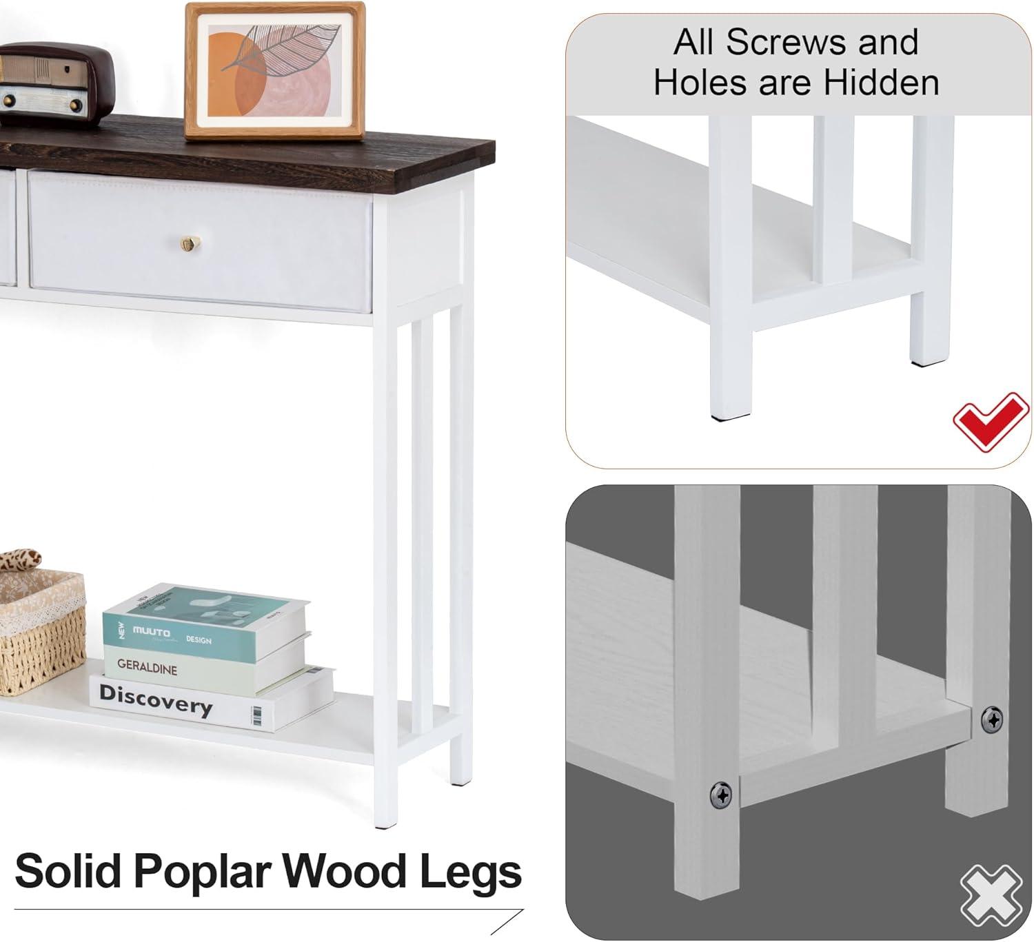 Console Table with 2 Fabric Drawers, 42" Solid Wood Entryway Table with Shelves, Storage Sofa Table for Entryway, Hallway, Living Room, Kitchen or Behind Couch in Foyer, White