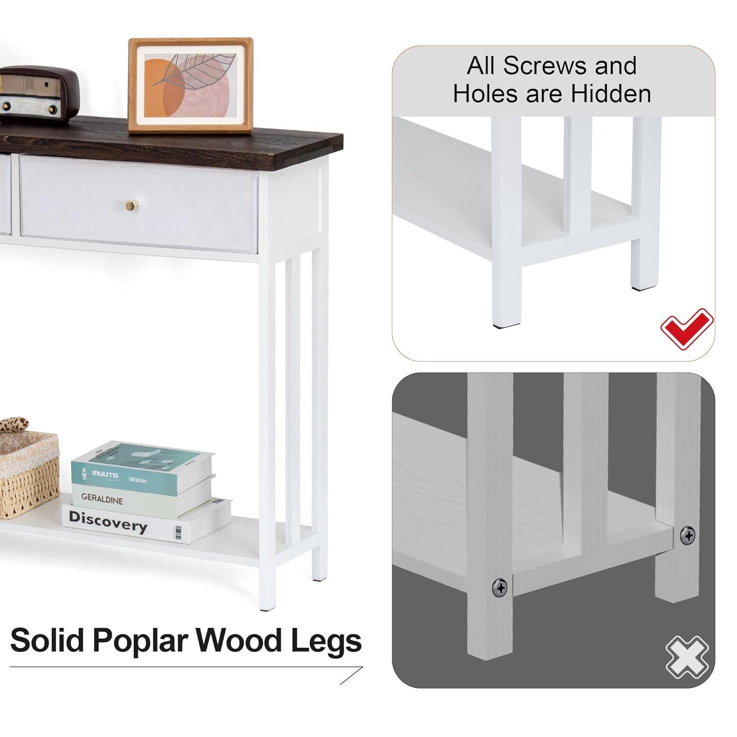 Console Table with 2 Fabric Drawers, 42" Solid Wood Entryway Table with Shelves, Storage Sofa Table for Entryway, Hallway, Living Room, Kitchen or Behind Couch in Foyer, White