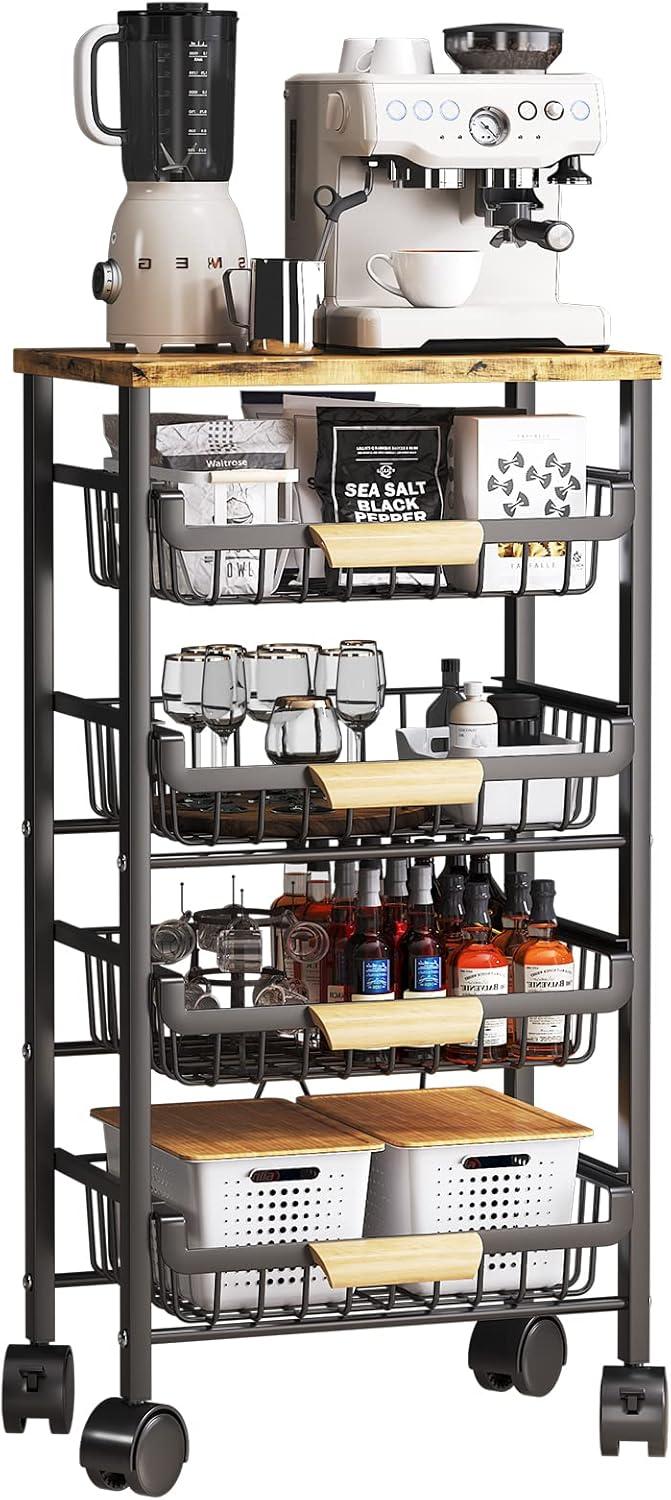 Black Metal and Wood 5-Tier Kitchen Storage Cart