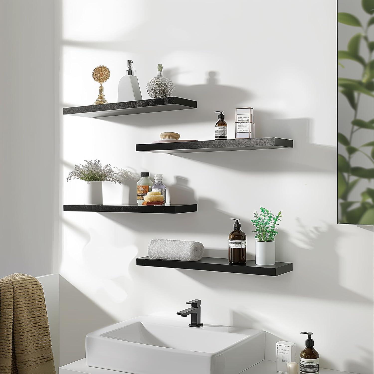 Wood Floating Shelves for Wall Decor, Rustic Wall Shelves for Bedroom Bathroom Kitchen Living Room, Set of 4 Light Walnut 24 Inch