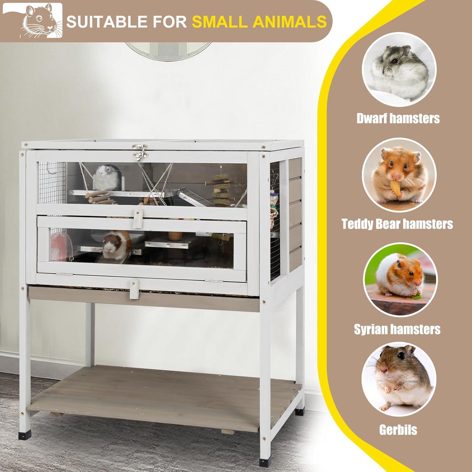 PETSCOSSET 3-Tier Wooden Hamster Cage with Storage Shelf Indoor Outdoor Large Guinea Pig Cage House and Habitat