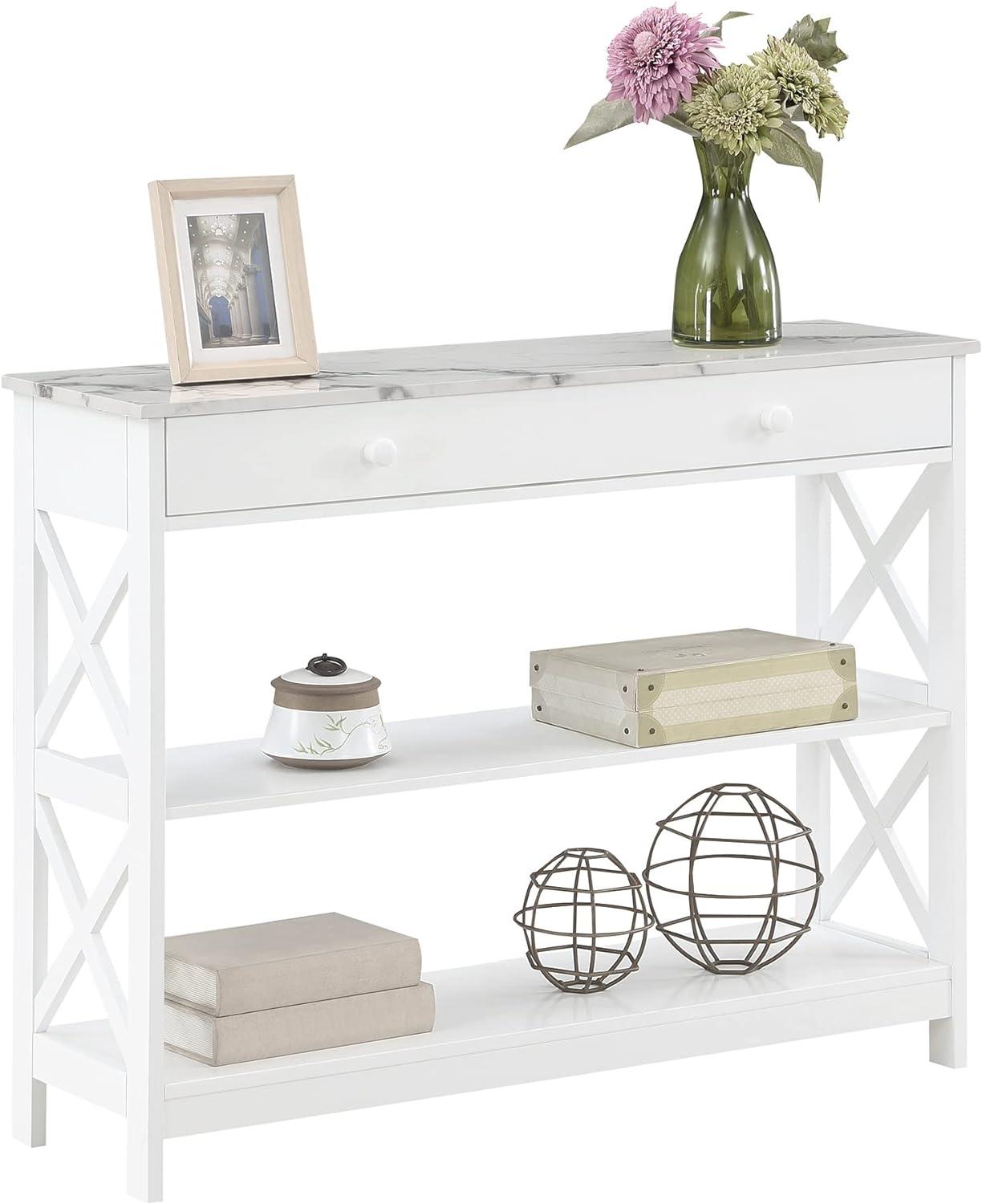 Convenience Concepts Oxford 1 Drawer Console Table with Shelves, White Faux Marble & White