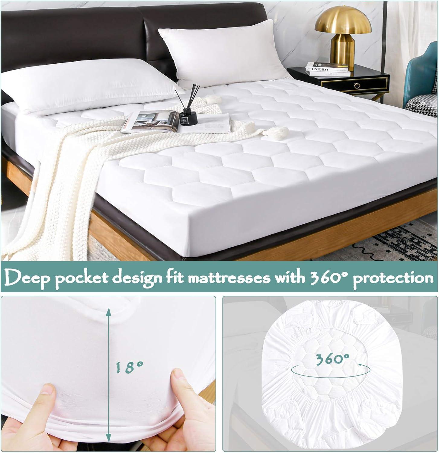 California King Quilted Waterproof Mattress Pad, Soft Mattress Pad Cover, Waterproof Mattress Protector Stretches up to 21” Deep Pocket-Hollow Alternative Filling-Cooling Mattress Topper