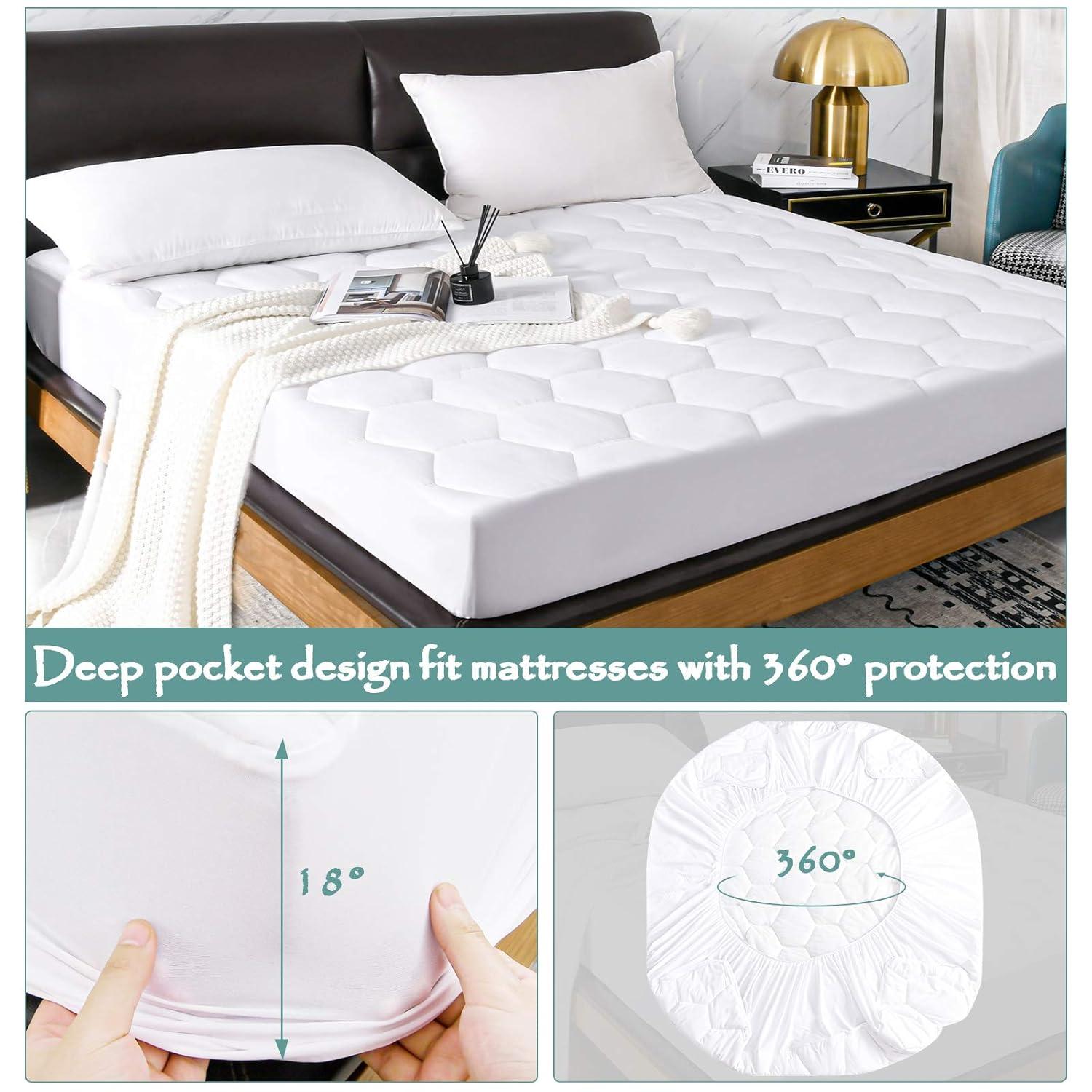 California King Quilted Waterproof Mattress Pad, Soft Mattress Pad Cover, Waterproof Mattress Protector Stretches up to 21” Deep Pocket-Hollow Alternative Filling-Cooling Mattress Topper