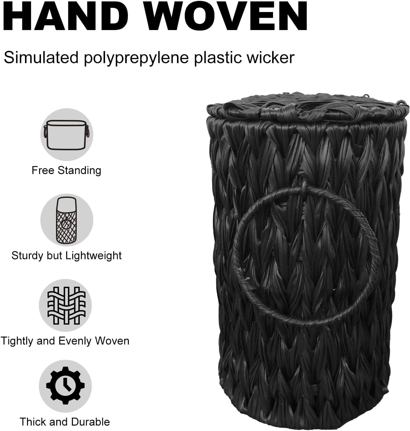 Black Toilet Paper Basket with Lid,Wicker Toilet Paper Storage Stand,Large Narrow Bathroom Towel Basket Mega Roll Container Bin for Toilet Tank,Floor