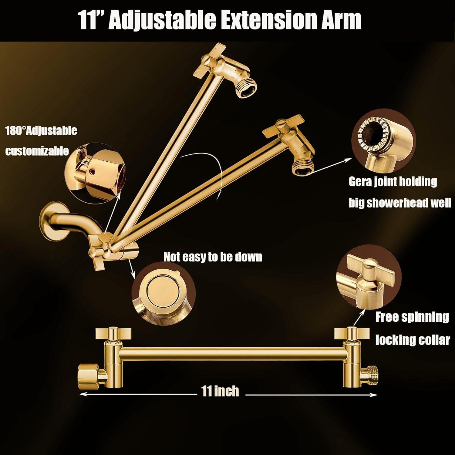 Shower Head, 10" High Pressure Rain shower head with Handheld Spray Combo, 6 Settings Handheld with 78" Anti-leak Hose, 11" Adjustable Extension Arm, Ultra Thin Water Saving, Gold, AWAXFOLO