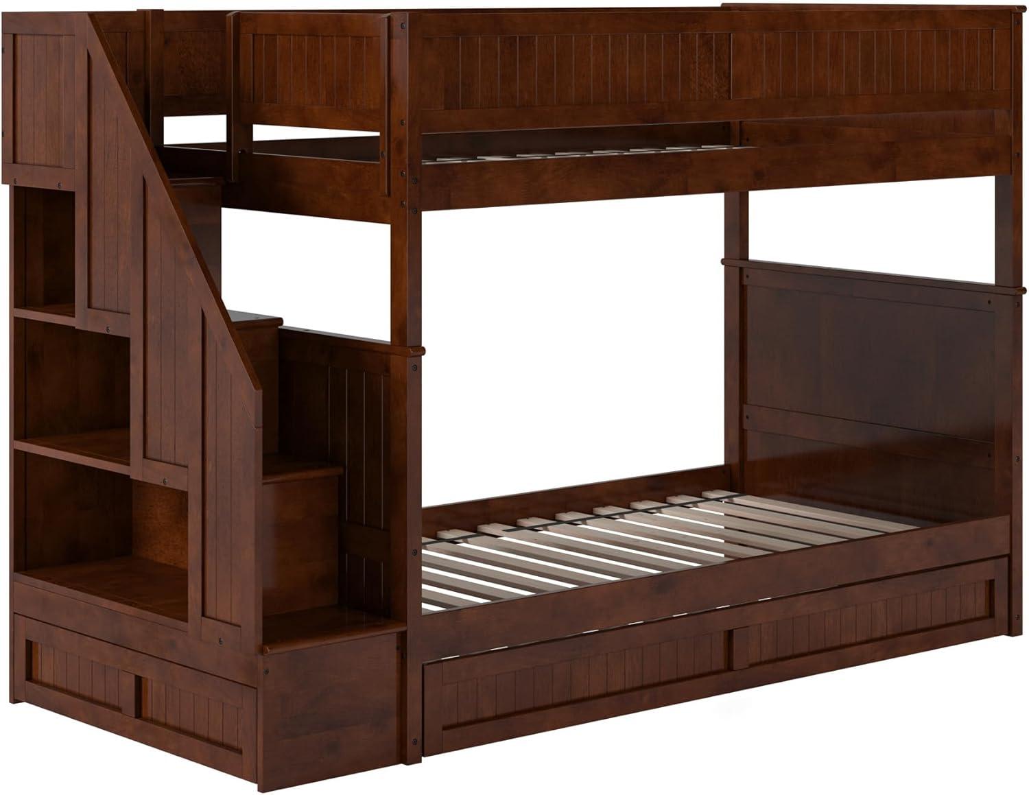 Walnut Twin Over Twin Bunk Bed with Storage Drawer and Trundle