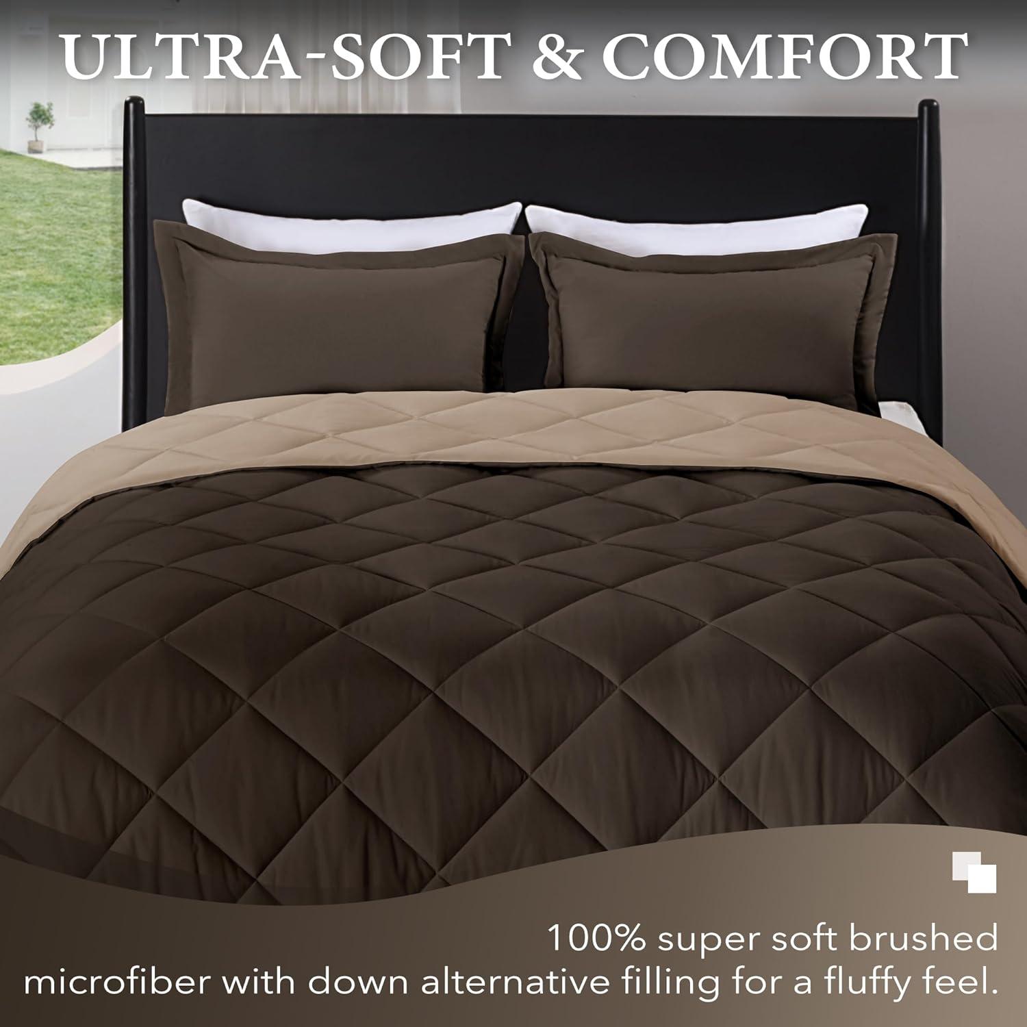 Queen Brown Reversible Down Alternative Microfiber Comforter Set