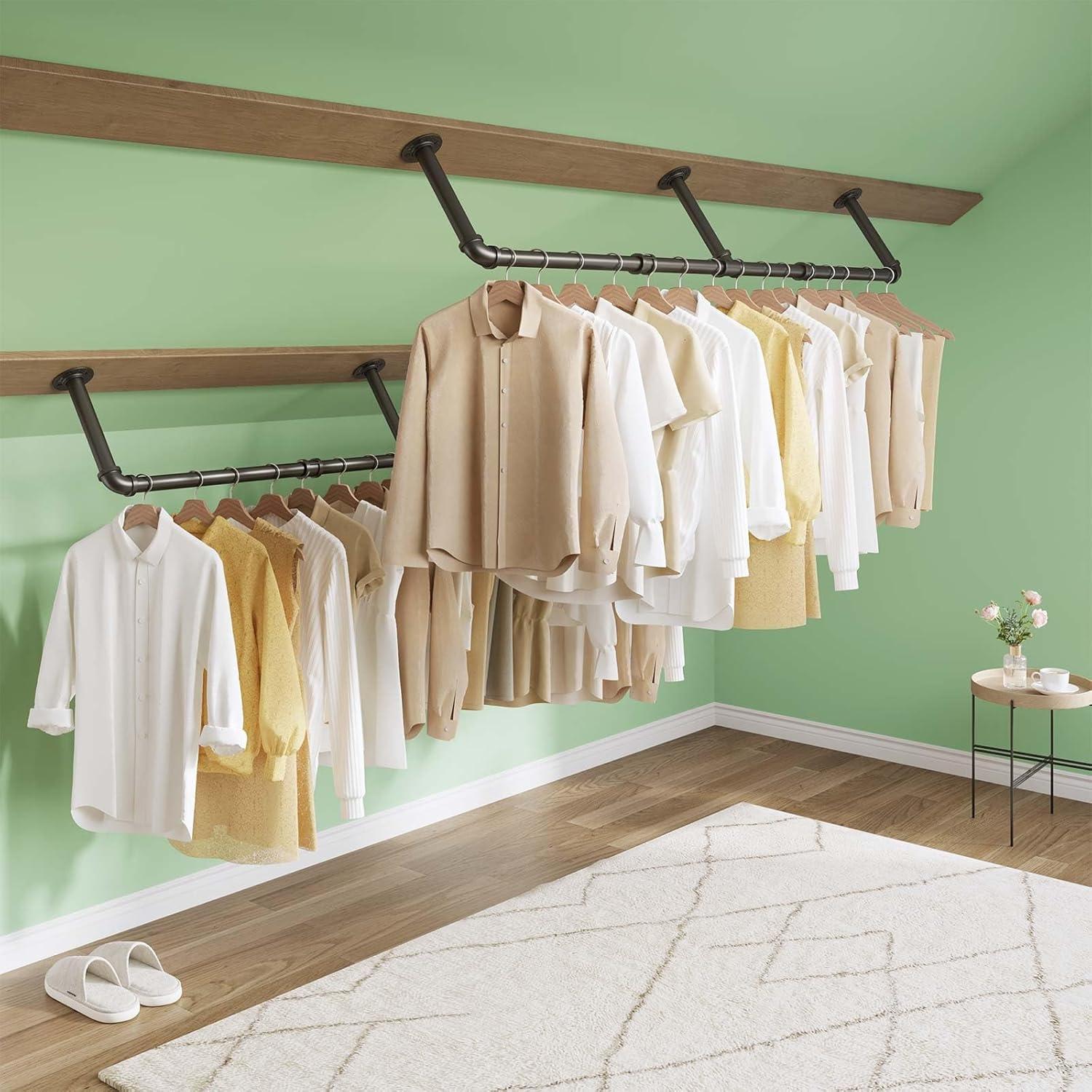 Greenstell Wall Mounted Clothes Rack, 36.2in Industrial Pipe Clothing Rack for Hanging Clothes, Space-Saving Closet Rod, Multi-Purpose Hanging Rod for Bedroom, Laundry Room, 2 Base (1 Pack)