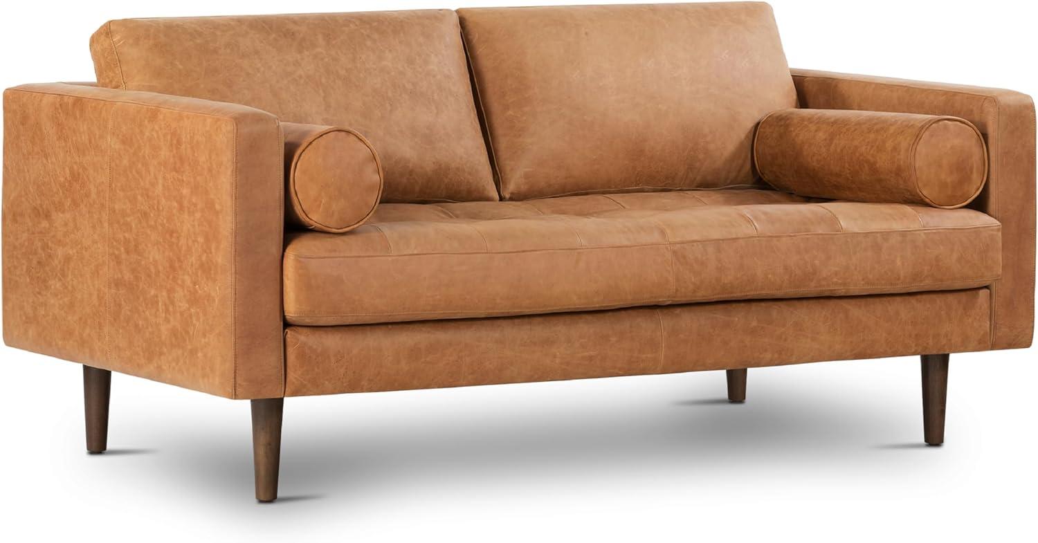 Cognac Tan Tufted Leather Lawson Sofa with Wood Legs