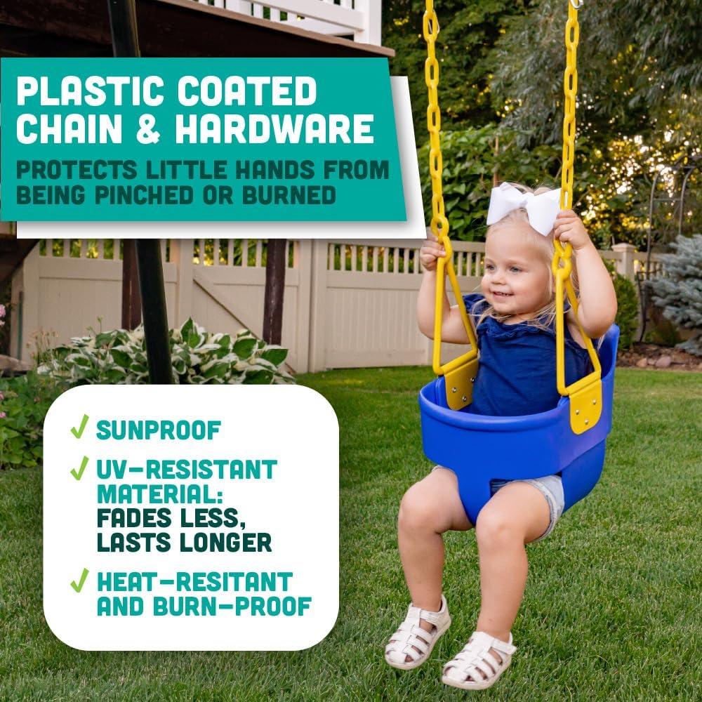 Premium High Back Full Bucket Toddler Swing Seat with Finger Grip, Plastic Coated Chains and Carabiners