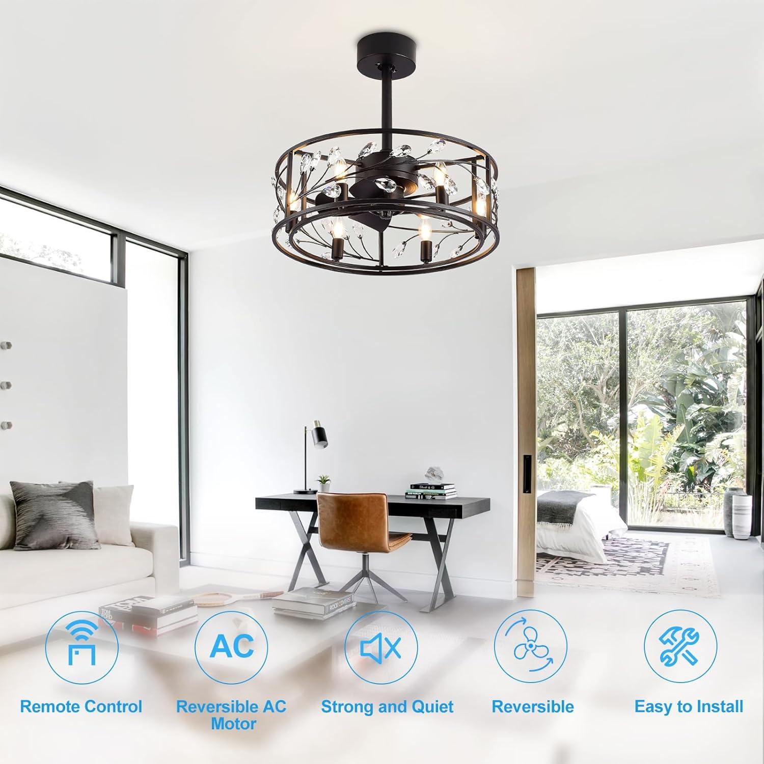 Breezary 20 IN Modern Crystal 5 Blade Ceiling Fan with Light Kit and Remote Black N/A Matte