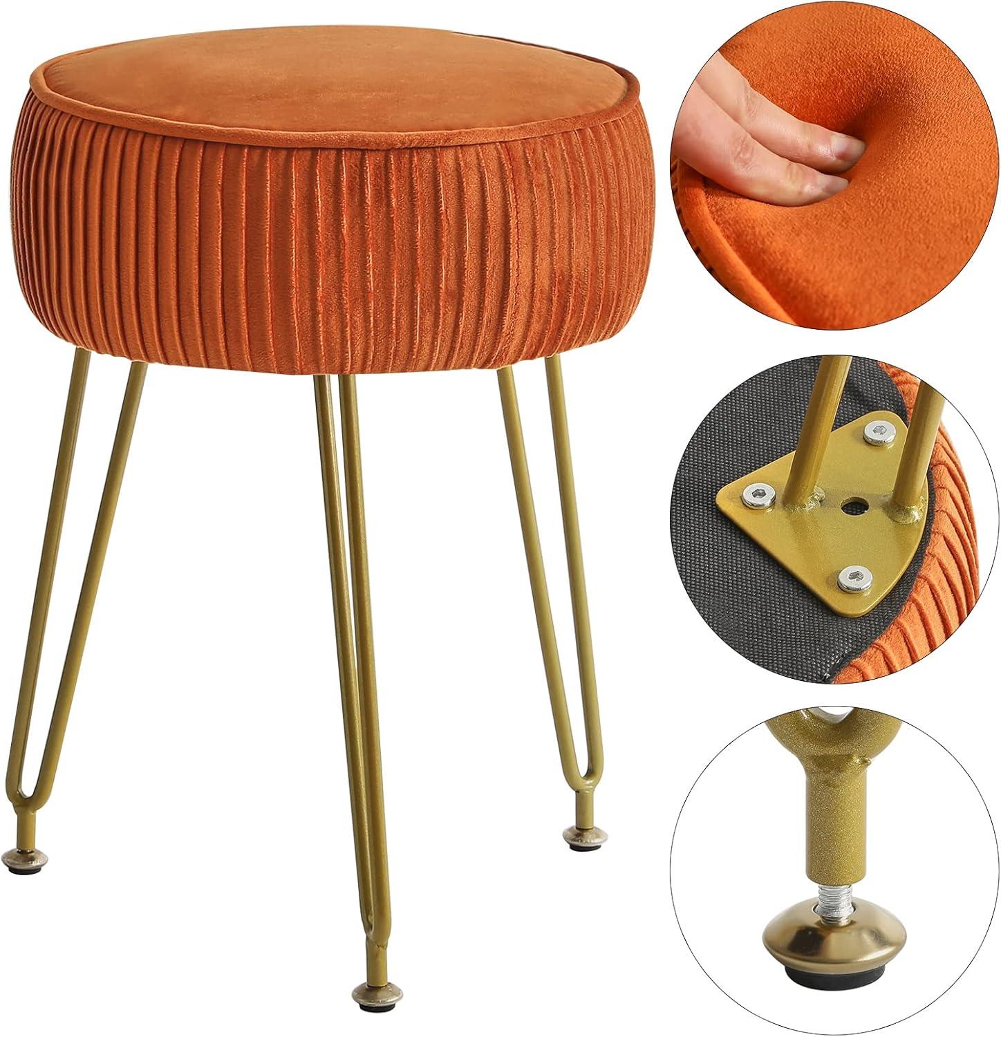 Orange Velvet Round Ottoman with Golden Steel Legs