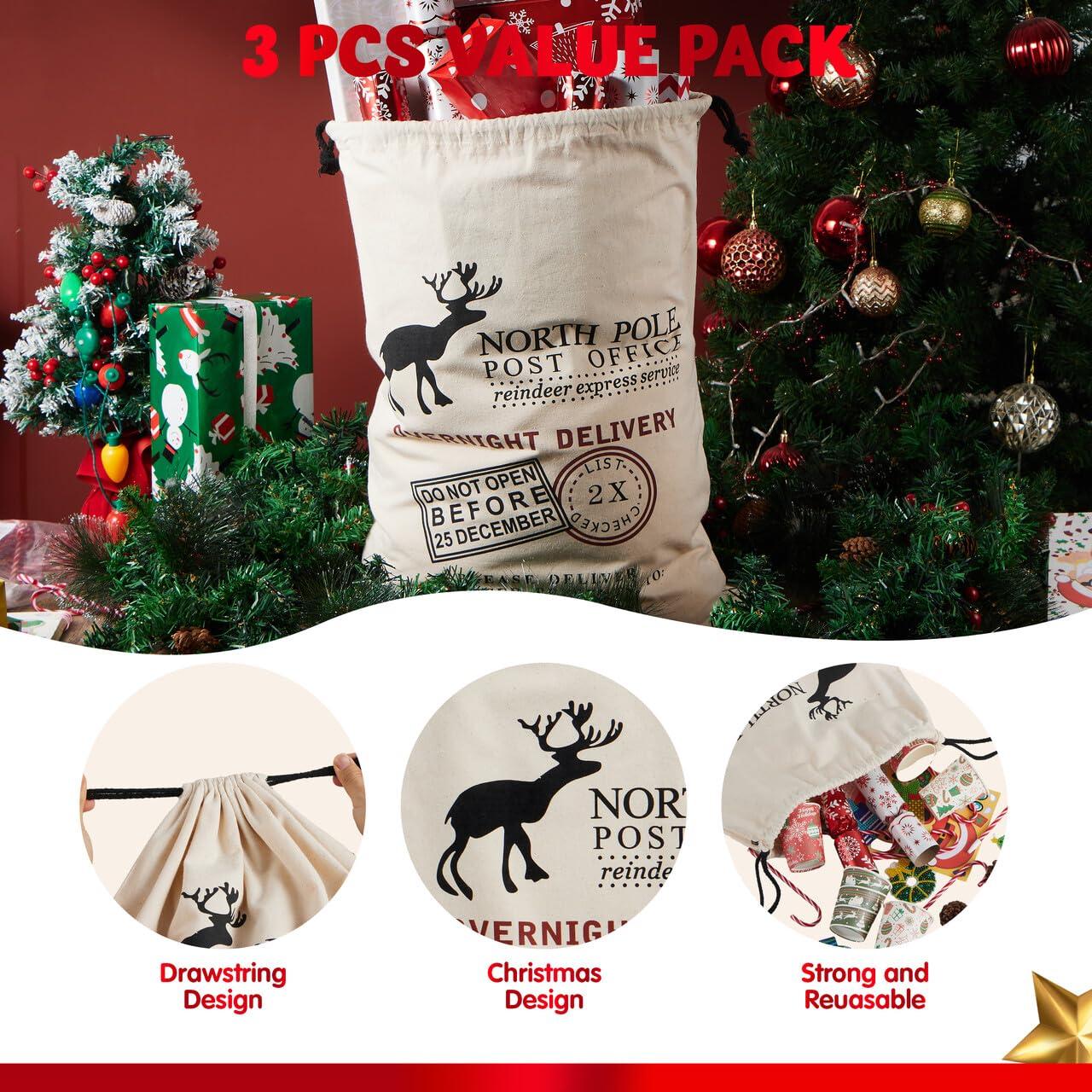 JOYIN 3 PCS Christmas Large Canvas Gift Bag 26" x 19", Drawstring Santa Burlap Sack Reusable Personalized Cloth Pouch for Xmas Presents Package, Party Supplies, Hoilday Decoration
