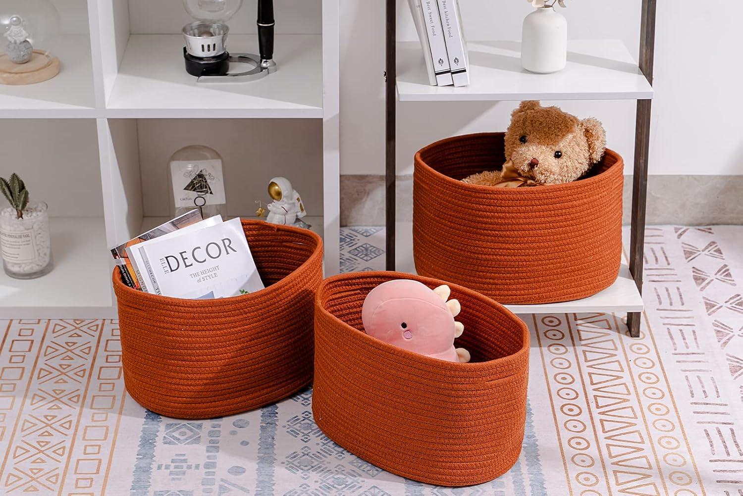 Brick Red Woven Cotton Rope Square Storage Baskets Set of 3