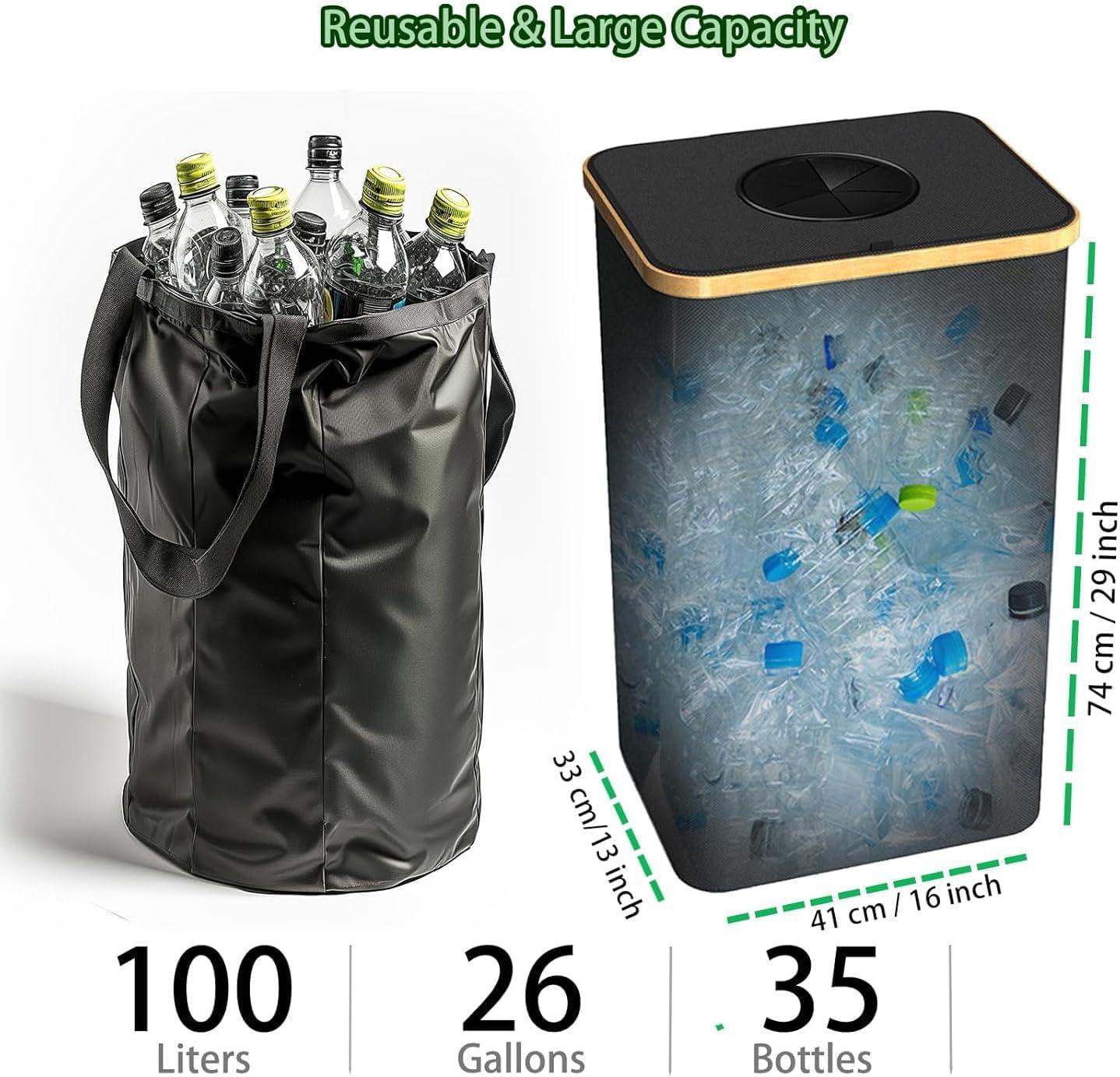 Recycling Bin for Kitchen Indoor Home, Large 26 Gallon 100L Recycle Bin with Lid Removeable Reusable Inner Bag Bottle Can Glass Waste Plastice Stickers,Black