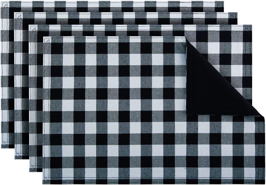 Black and White Buffalo Check Reversible Fabric Placemats, 12" x 18", Set of 4