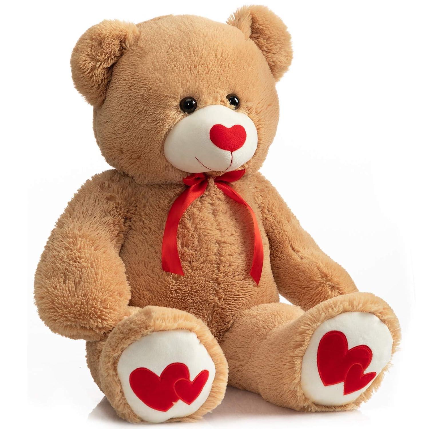 HollyHOME Big Teddy Bear Stuffed Animal Large Bear Plush with Red Heart for Girlfriend and Kids Holiday Toy Gift 36 inch Tan
