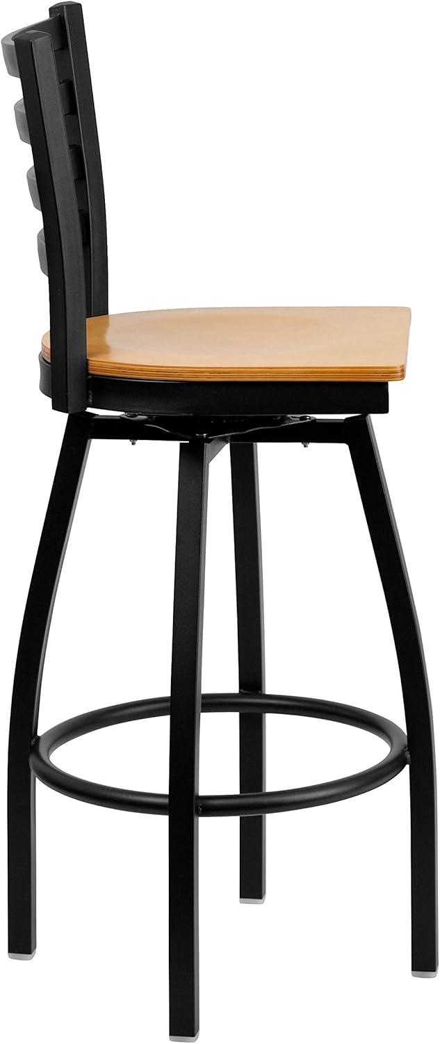 BizChair 2 Pack Black Ladder Back Swivel Metal Barstool - Natural Wood Seat