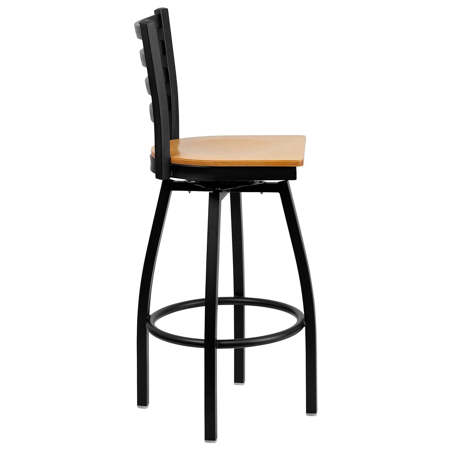 Flash Furniture 2 Pack HERCULES Series Black Ladder Back Swivel Metal Barstool - Natural Wood Seat