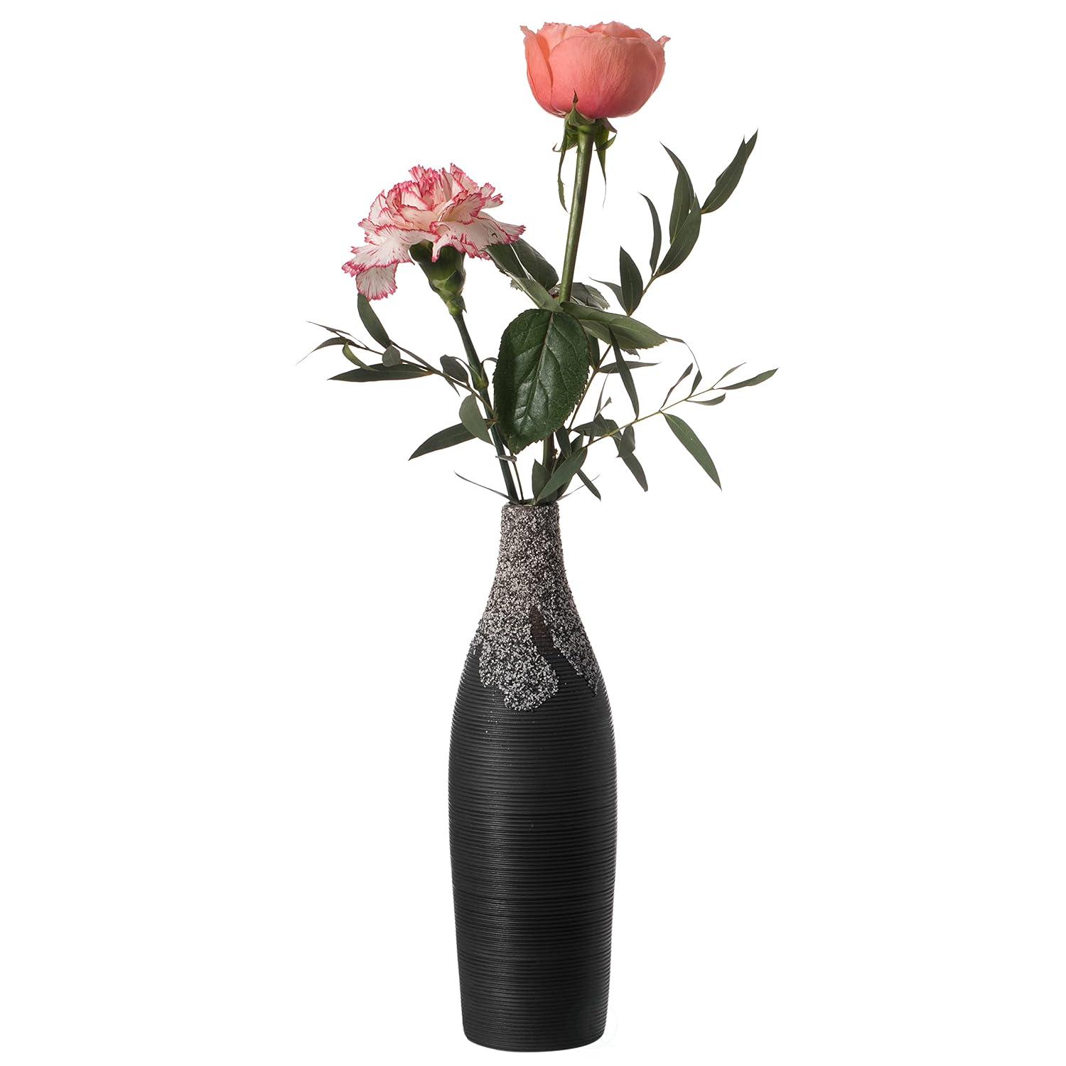 Uniquewise 9 Inch Modern Decorative Ceramic Table Vase Ripped Design Bottle Shape Flower Holder, Black