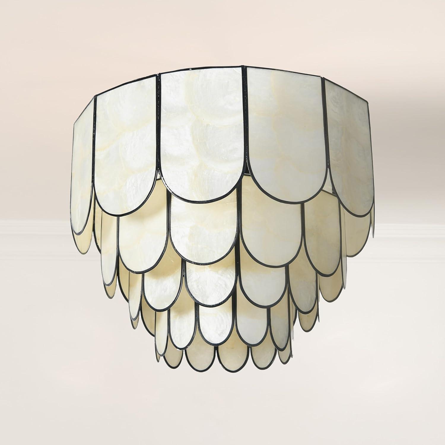 Storied Home 14" Round 4-Tier Capiz and Metal Flush Mount Ceiling Light Black: UL Listed, Iron Body, Off-White Shade