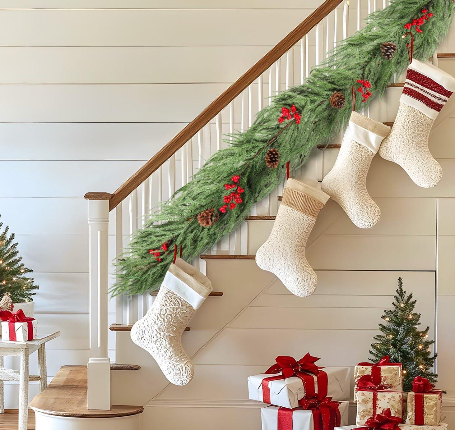 9ft Artificial Christmas Garland, Real Touch Norfolk Pine Garland- Winter Pine Garland, Greenery Christmas Garland for Mantle, Table, Fireplace, Indoor, Outdoor Christmas Decorations