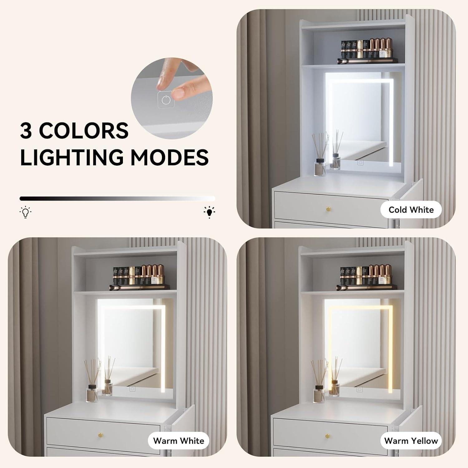 White Small Vanity Desk Set with Mirror and Lights Makeup Table with Drawer, Storage Chair, and Fold-up Panel for Small Space Bedroom