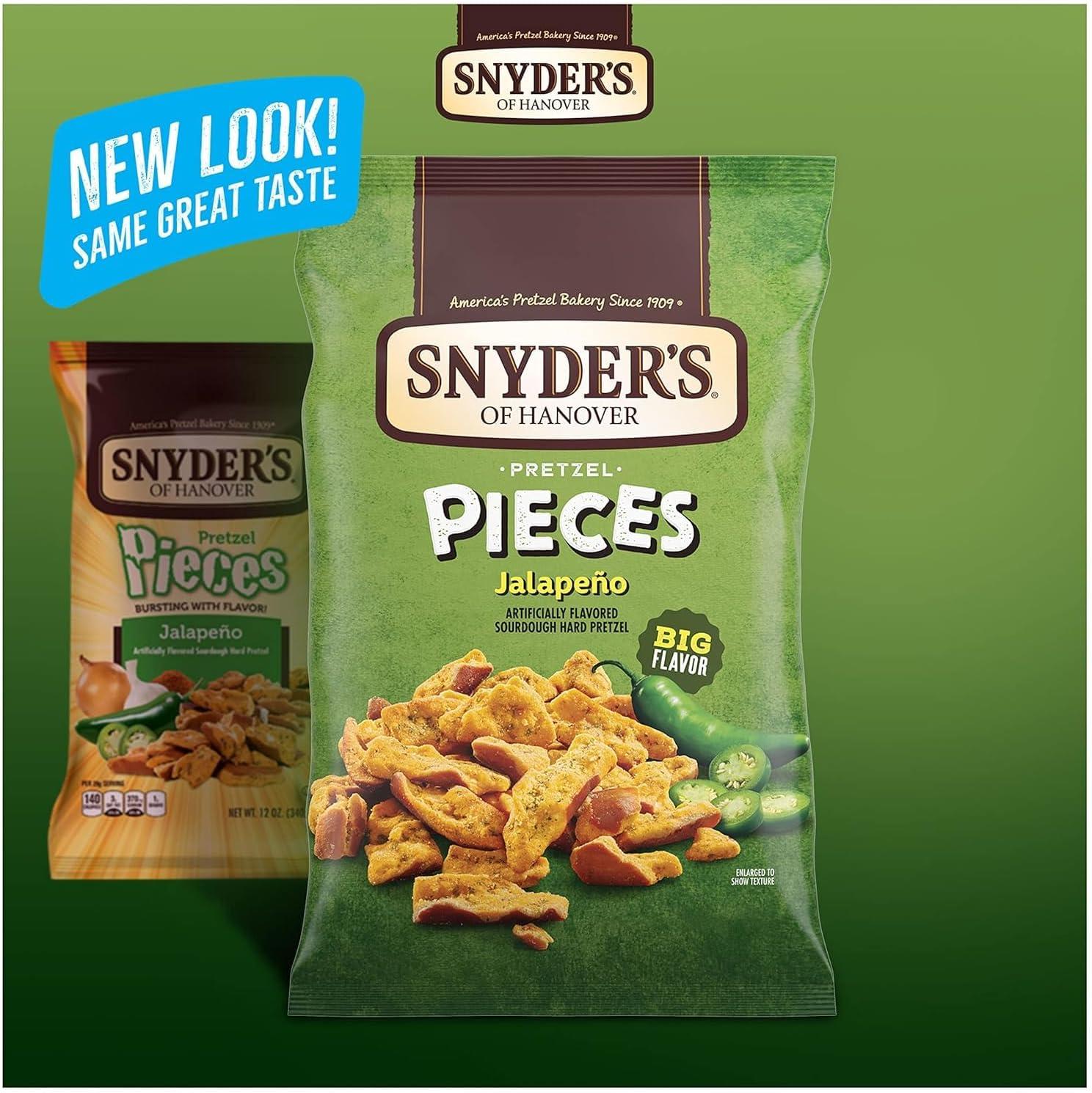 Snyder's of Hanover Pretzel Pieces, Variety 12 Pack bundled by SUPERDEALS 4 Cheddar Cheese, 4 Honey Mustard and Onion, 4 Jalapeno Pretzels, 2.25 oz each bag, total 27 Ounces with mystery gift