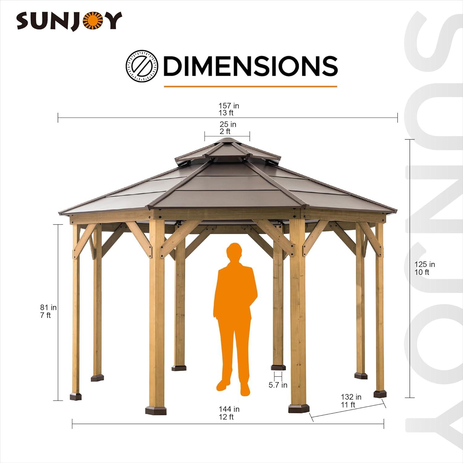 SUNJOY Ion Collection 13 x 13 ft. Cedar Framed Octagon Wood Gazebo with Brown Double Tiered Steel Hardtop Roof and Ceiling Hook for Garden, Backyard Shade