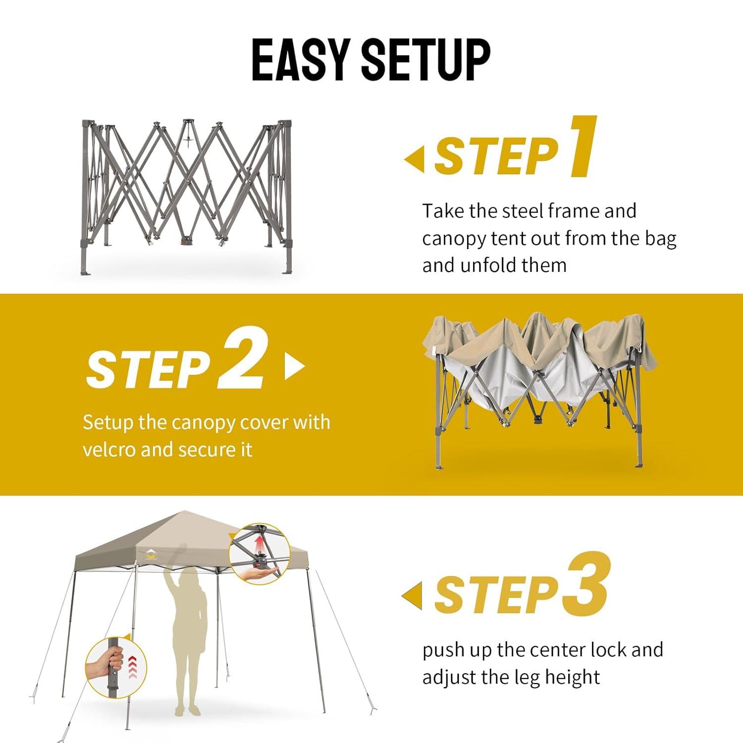 CROWN SHADES 6.5x6.5 Pop up Canopy Tent, Slant Leg Pop Up Beach Tent, 3 Height, Base 8x8 ft, Top 6.5x6.5 ft, Outdoor Canopy with Carry Bag, Beige