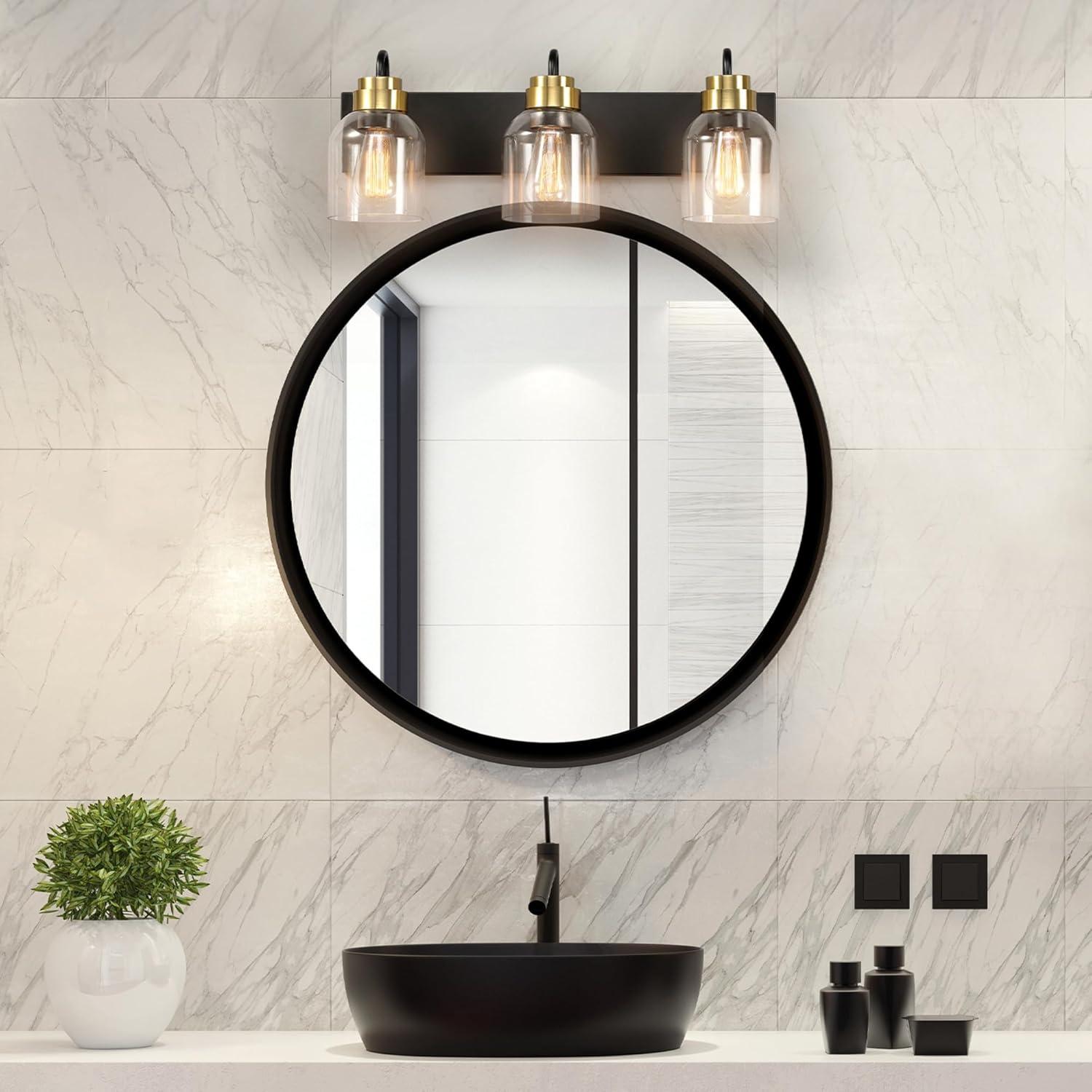 22 in. 3-Light Matte Black Vanity Light with Matte Brass Accents and Glass Shades