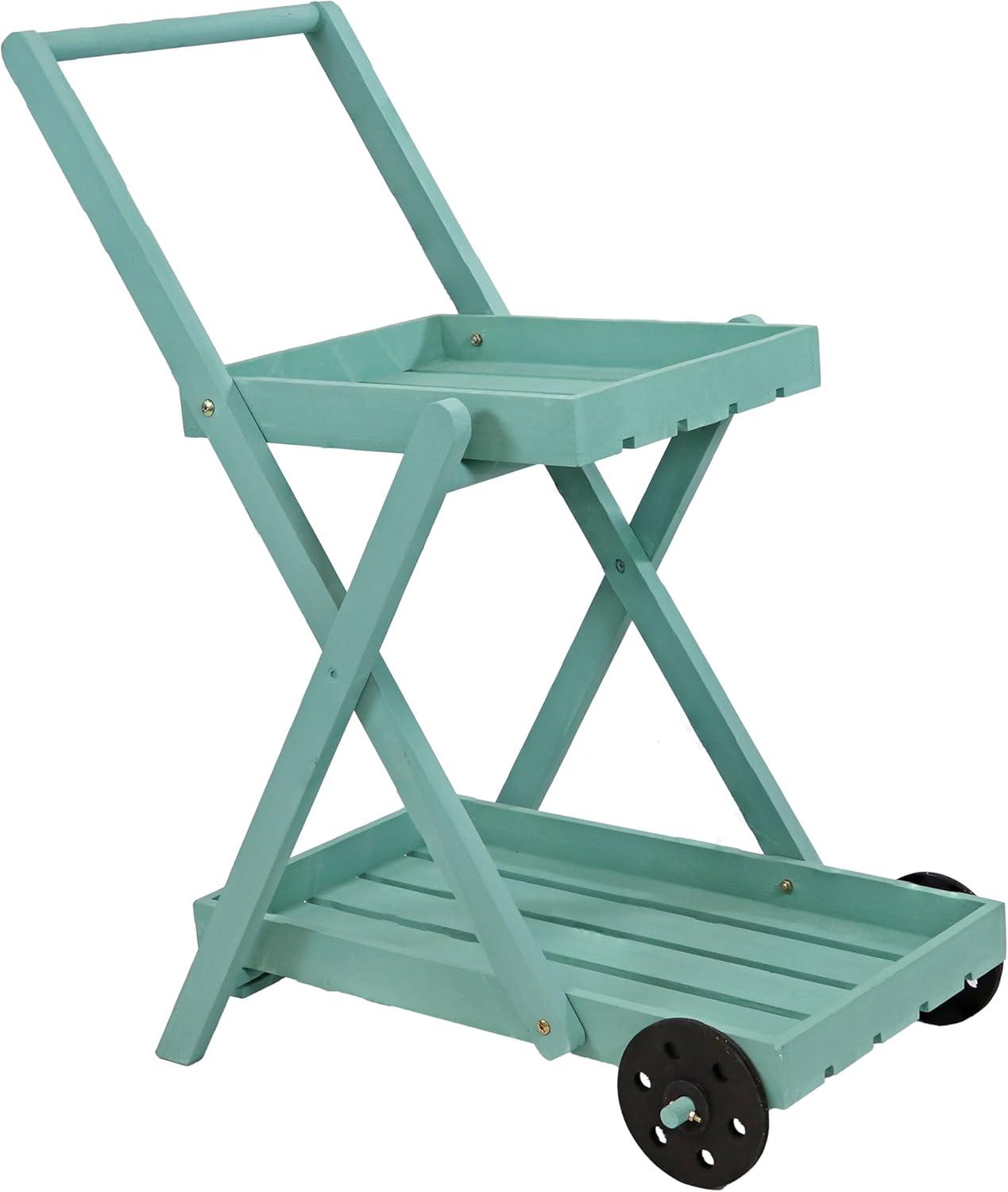 Sunnydaze 2-Tier Fir Wheeled Planter Stand - 34” H - Robin Egg Blue