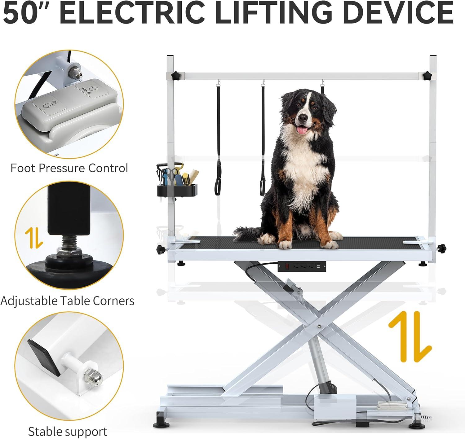Dextrus 50" Dog Grooming Table Heavy Duty Electric Lift Pet Grooming Table for Large Dogs, Adjustable Overhead Arm Anti Slip Tabletop Tool Organizer, Dog Grooming Station