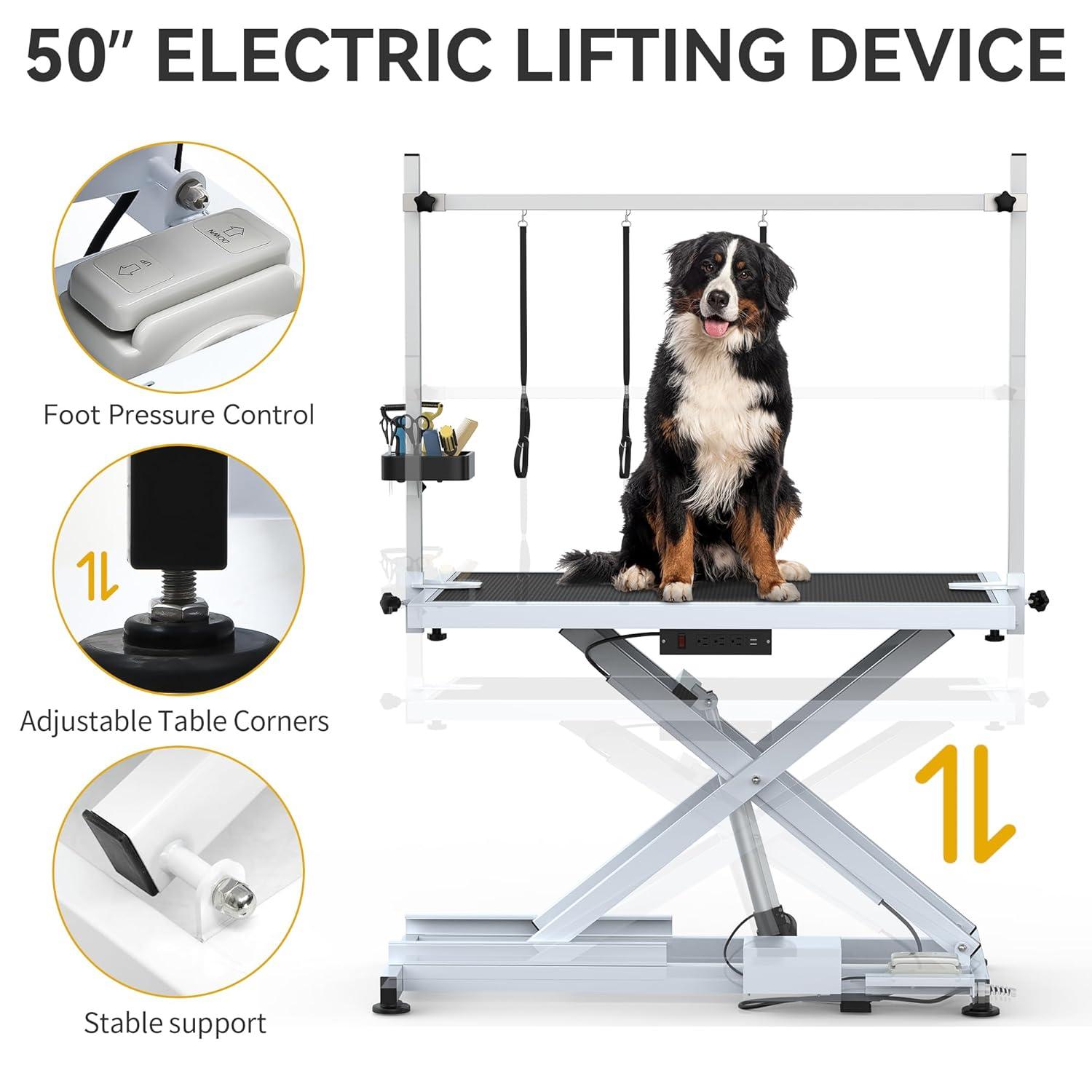 Dextrus 50" Dog Grooming Table Heavy Duty Electric Lift Pet Grooming Table for Large Dogs, Adjustable Overhead Arm Anti Slip Tabletop Tool Organizer, Dog Grooming Station