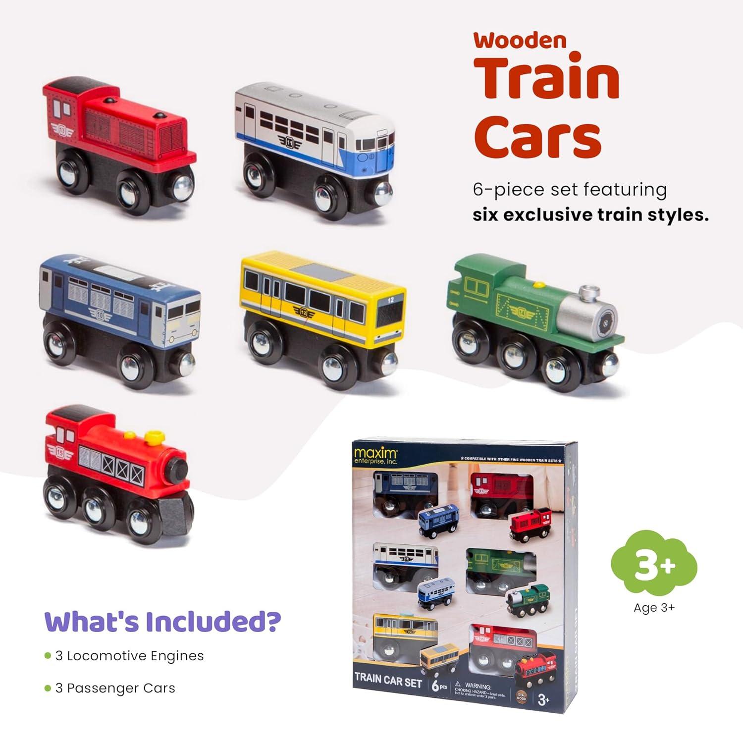 Maxim Enterprise Wooden Train Cars 6-Piece Set Rolling Locomotive Engines