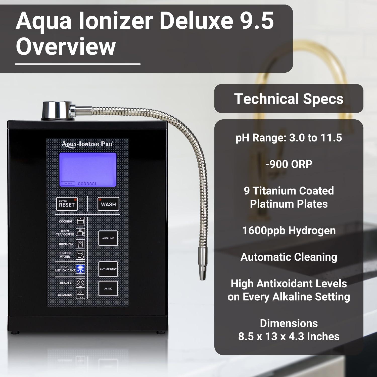 Aqua Ionizer Deluxe 9.5 Anti-Oxidant Boost Water Ionizer | Alkaline Water Filtration System | Produces pH 3.0-11.5 Alkaline Water | Up to -880mV ORP | 4000 Liters Per Filter | 7 Water Settings
