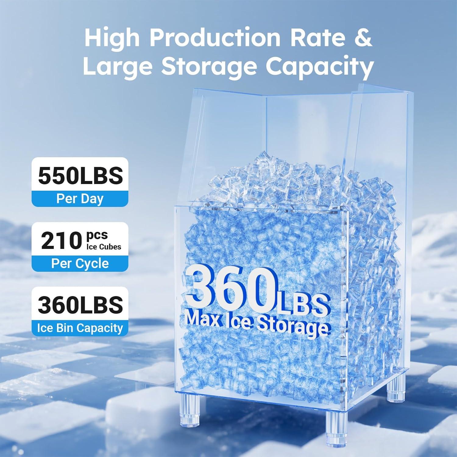 Commercial Ice Maker Machine, 550lb/24H Stainless Steel Ice Machine, 166lbs Ice Stora Capacity Freestanding Industrial Ice Maker