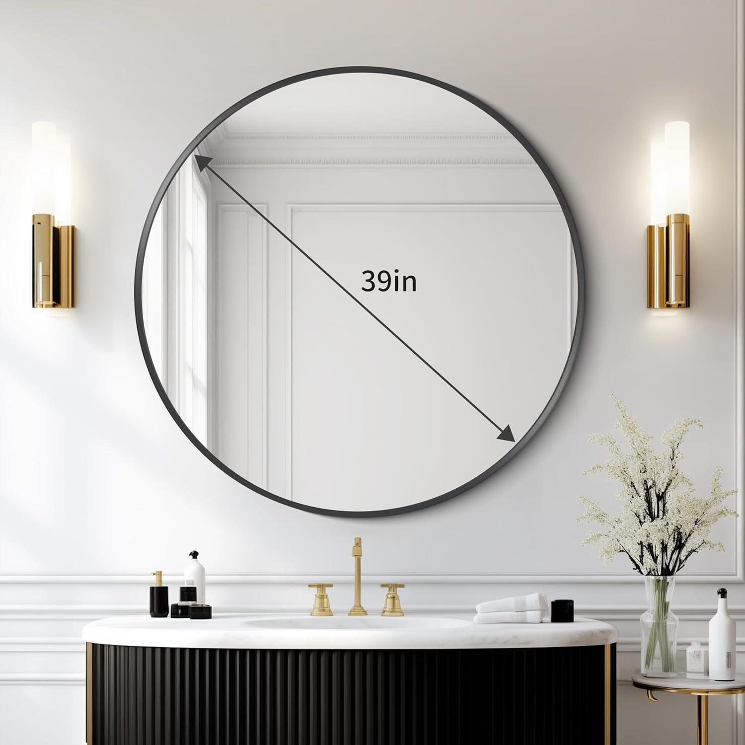 Wall Mirror 39 Inch Black Circular Mirror Metal Framed Mirror Round Vanity Mirror Dressing Mirror, for Bathroom, Living Room, Bedroom Wall Decor