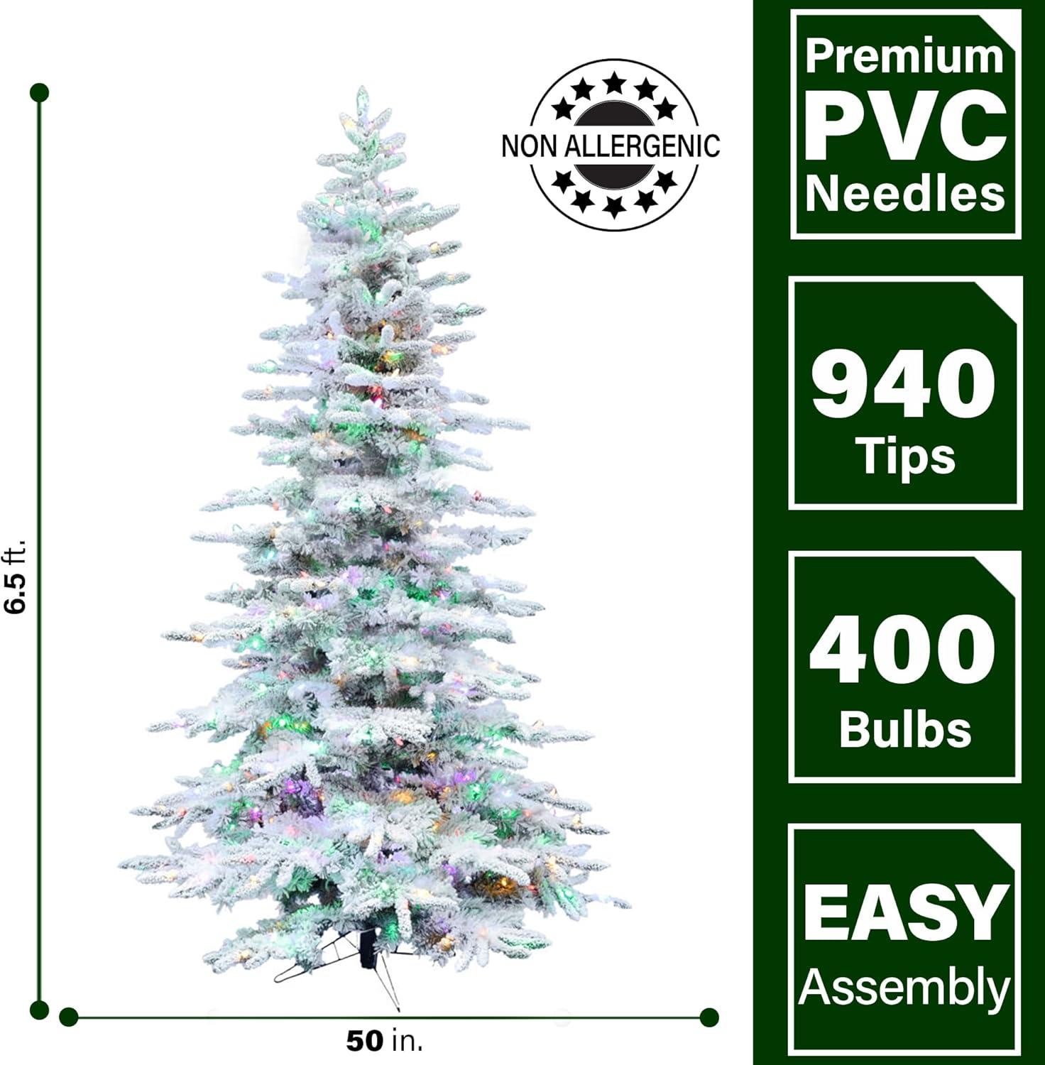 Fraser Hill Farm Prelit LED Multicolor Flocked Pine Valley 6.5-ft. Christmas Tree, FFPV065-6SN