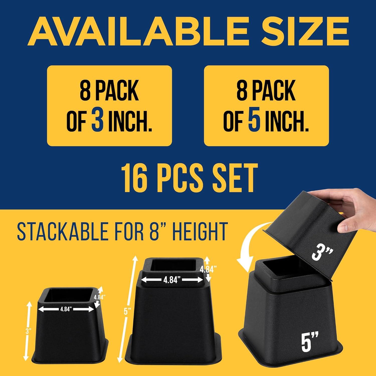 Black Heavy-Duty Adjustable Furniture Leg Risers Set, 16 Pieces