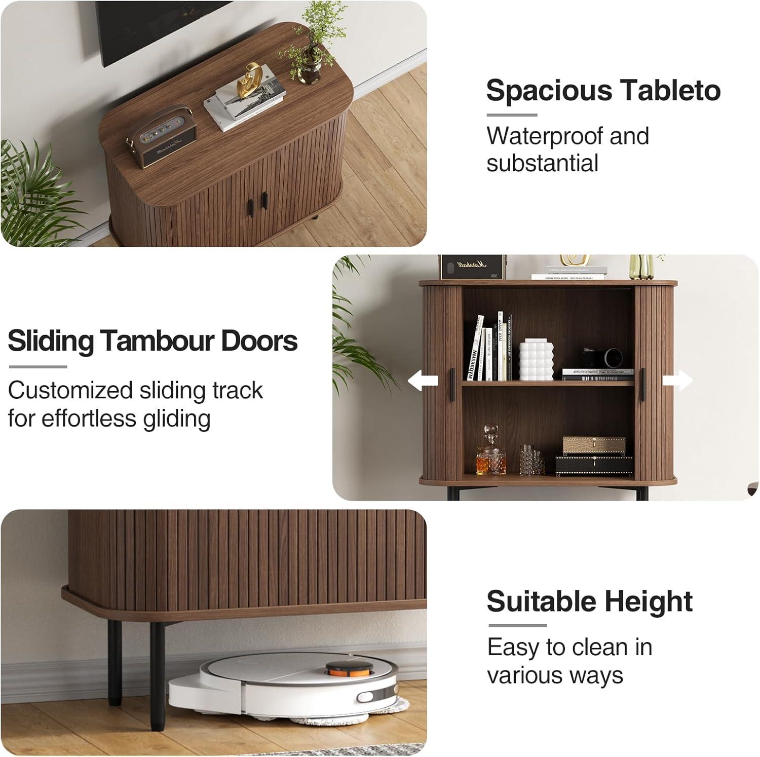 31''W Walnut Buffet Sideboard Cabinet with Storage, Fluted Accent Storage Cabinet with Curvy Edge, Sliding Door, Freestanding Credenza, Console Table for Living Room, Kitchen, Hallway