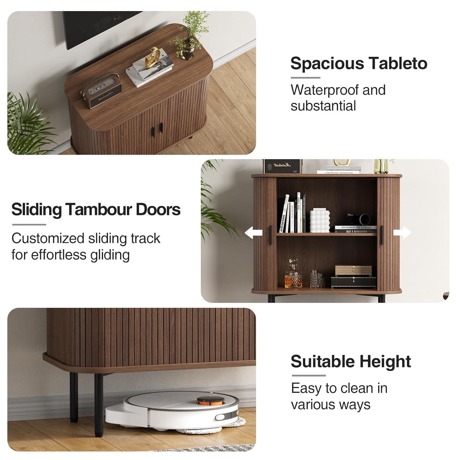 31''W Walnut Buffet Sideboard Cabinet with Storage, Fluted Accent Storage Cabinet with Curvy Edge, Sliding Door, Freestanding Credenza, Console Table for Living Room, Kitchen, Hallway