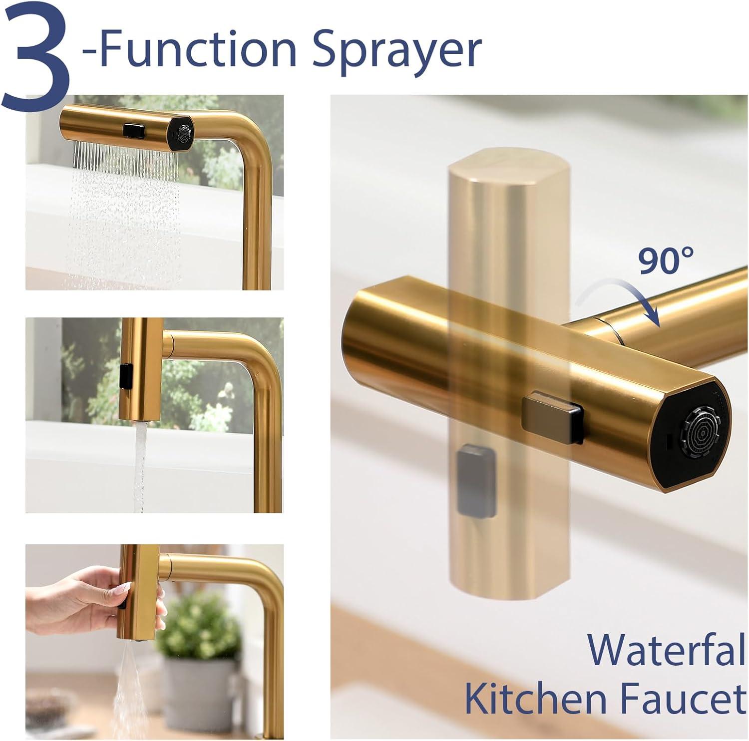 Kitchen Faucets with Pull Down Sprayer, Brushed Gold Waterfall Kitchen Sink Faucet with Soap Dispenser, Single Hole Stainless Steel Kitchen Faucet, Modern Single Handle Pull Out Kitchen Faucet