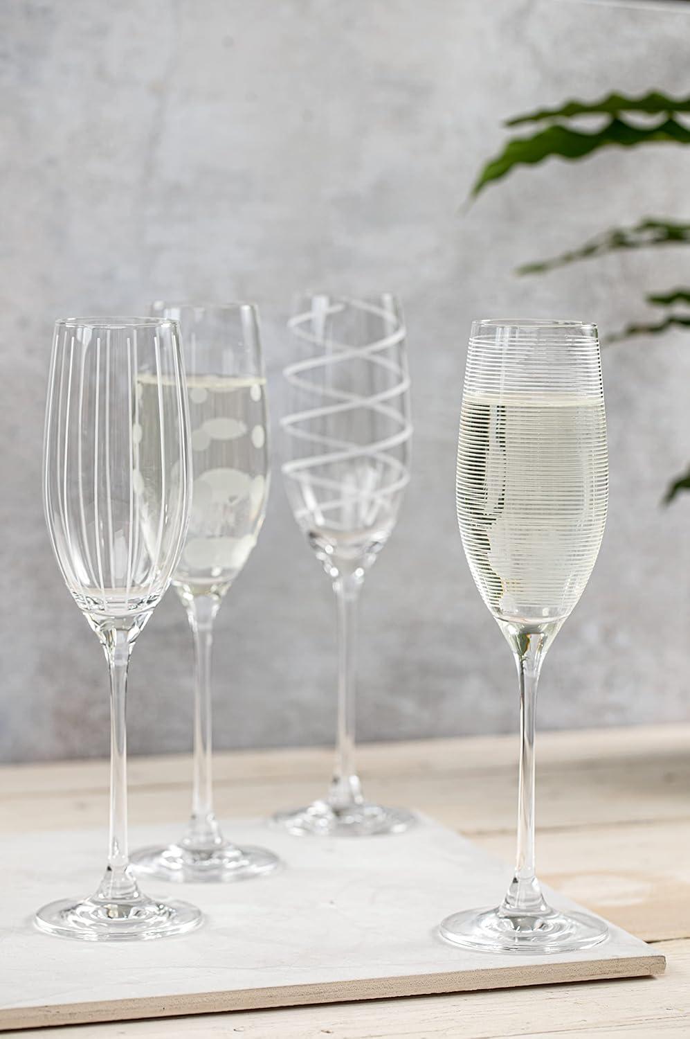 Set of 4 Clear Crystal Champagne Flute Glasses with Etched Designs