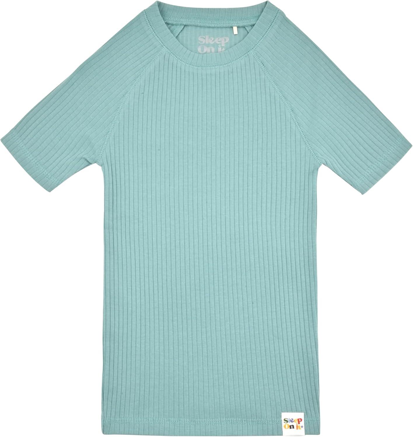 Sleep On It 100% Organic Cotton Rib Knit Snug-Fit 6-Piece Pajama Sets for Boys & Girls, Green & Light Blue Size 5