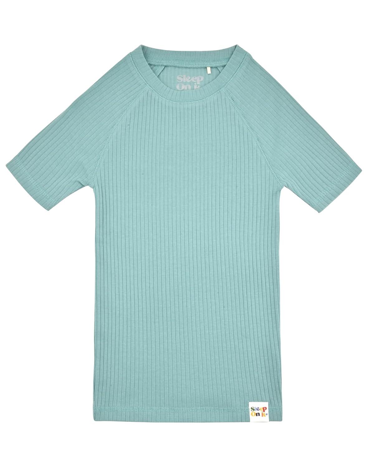 Sleep On It 100% Organic Cotton Rib Knit Snug-Fit 6-Piece Pajama Sets for Boys & Girls, Green & Light Blue Size 5
