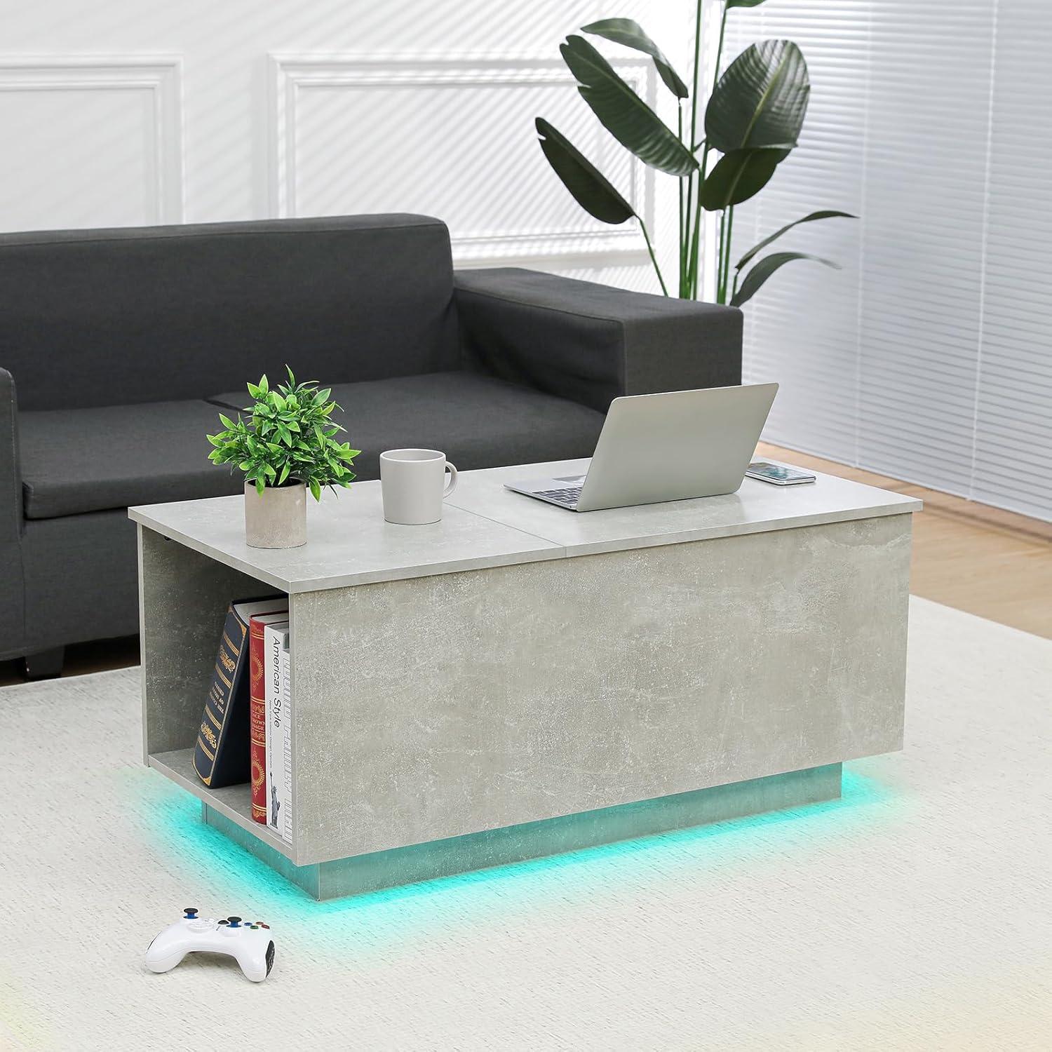 Grey Lift-Top Coffee Table with LED Lights and Storage